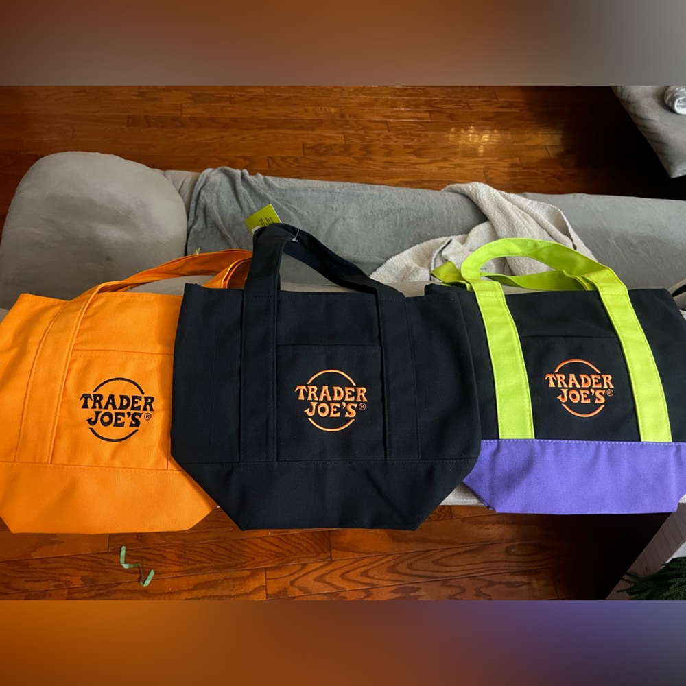 Trader Joe's Reusable Tote Bags - Orange, Black, and Purple